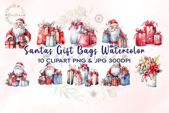 Download Santas Gift Bags Watercolor Clipart - Gift Collection
